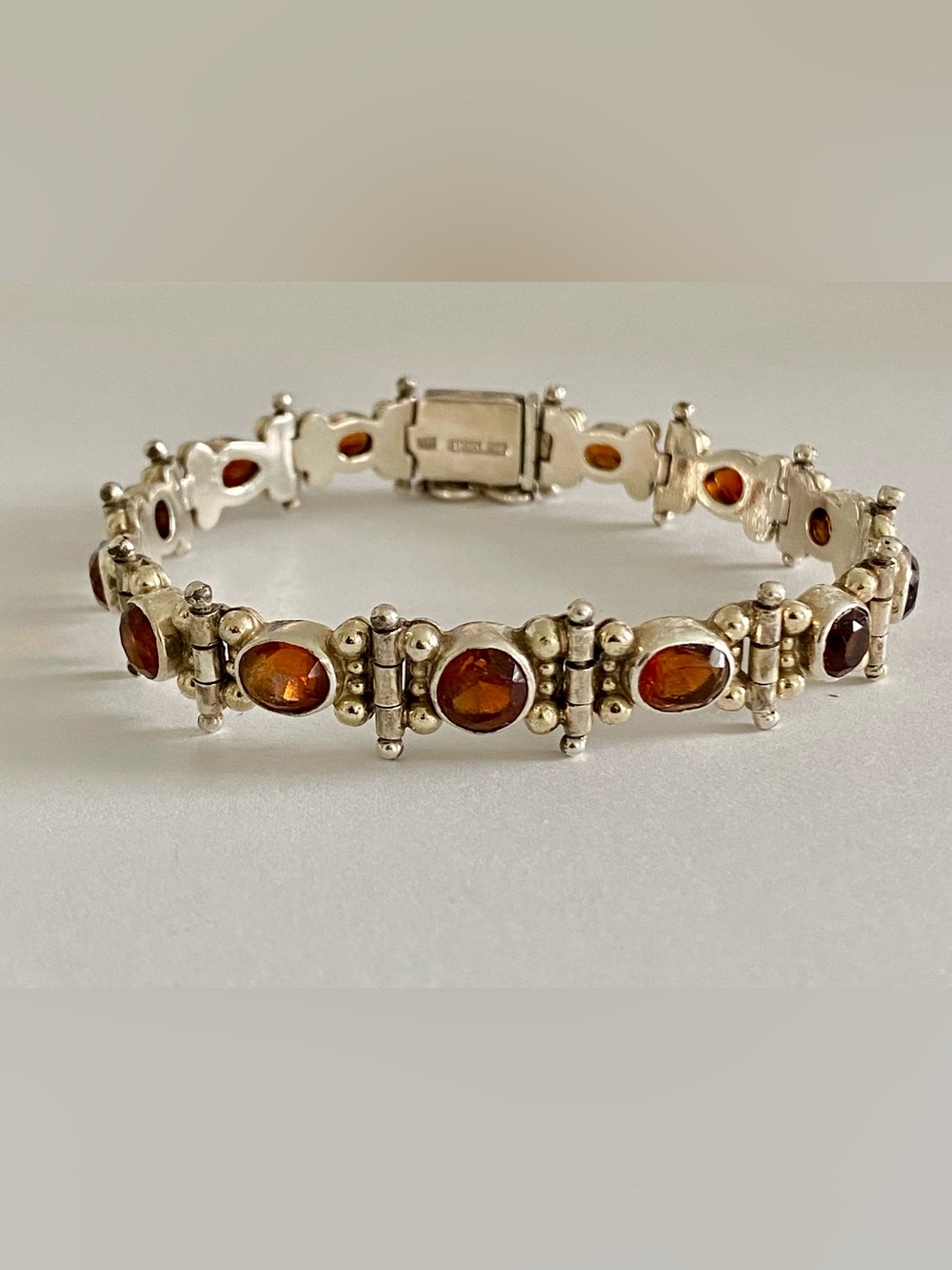 14k Sterling Silver Amber Link Bracelet - Orange Gemstones